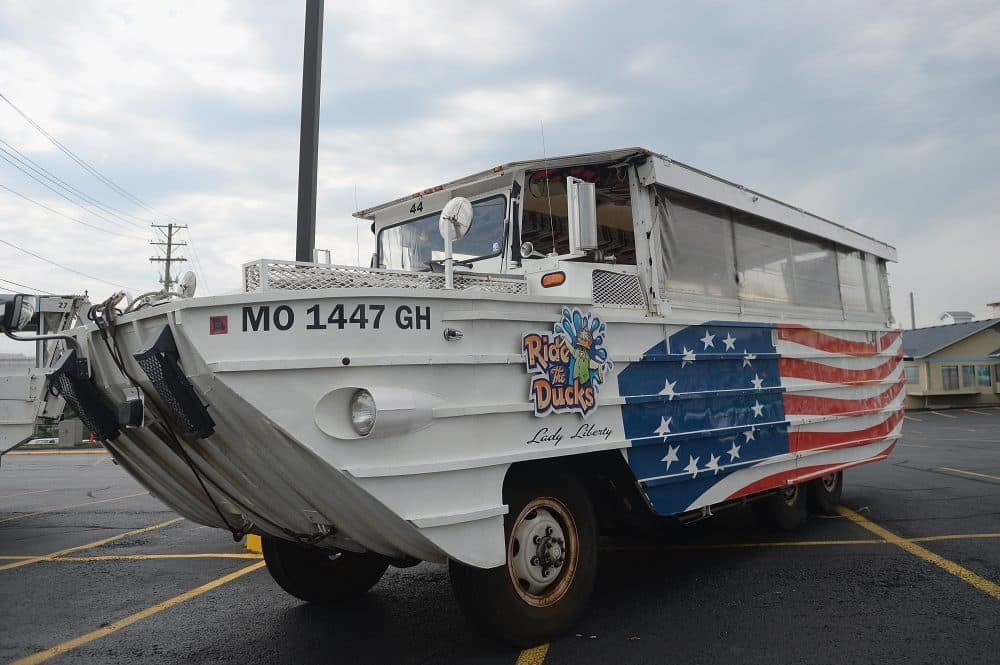 A Ride the Ducks World War II DUKW boat is seen at Ride the Ducks on July 20, 2018 in Branson, Mo. Hundreds of mourners stopped by the location to pay their respects to the victims after a duck boat capsized in Table Rock Lake in a thunderstorm. (Michael Thomas/Getty Images)