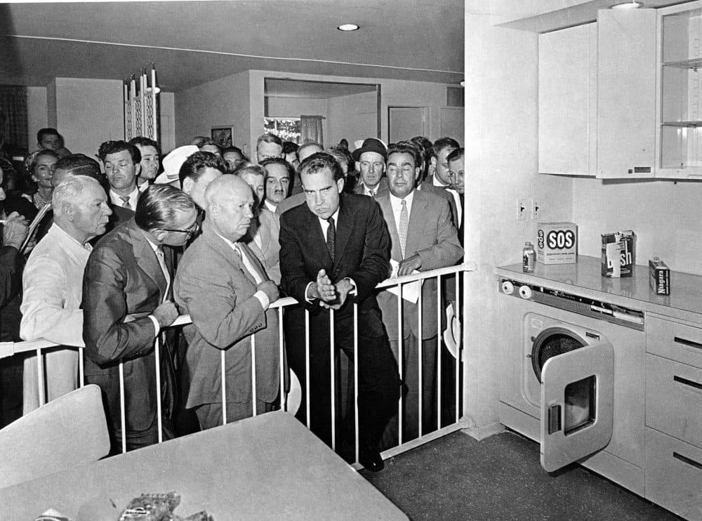 Soviet Premier Nikita Khrushchev, center left, talks with U.S. Vice President Richard Nixon during their famous &quot;Kitchen Debate&quot; at the United States exhibit at Moscow's Sokolniki Park, July 24, 1959. While touring the exhibit, both men kept a running debate on the merits of their respective countries. Standing to the right is Khrushchev's deputy, Leonid Brezhnev. (AP Photo)