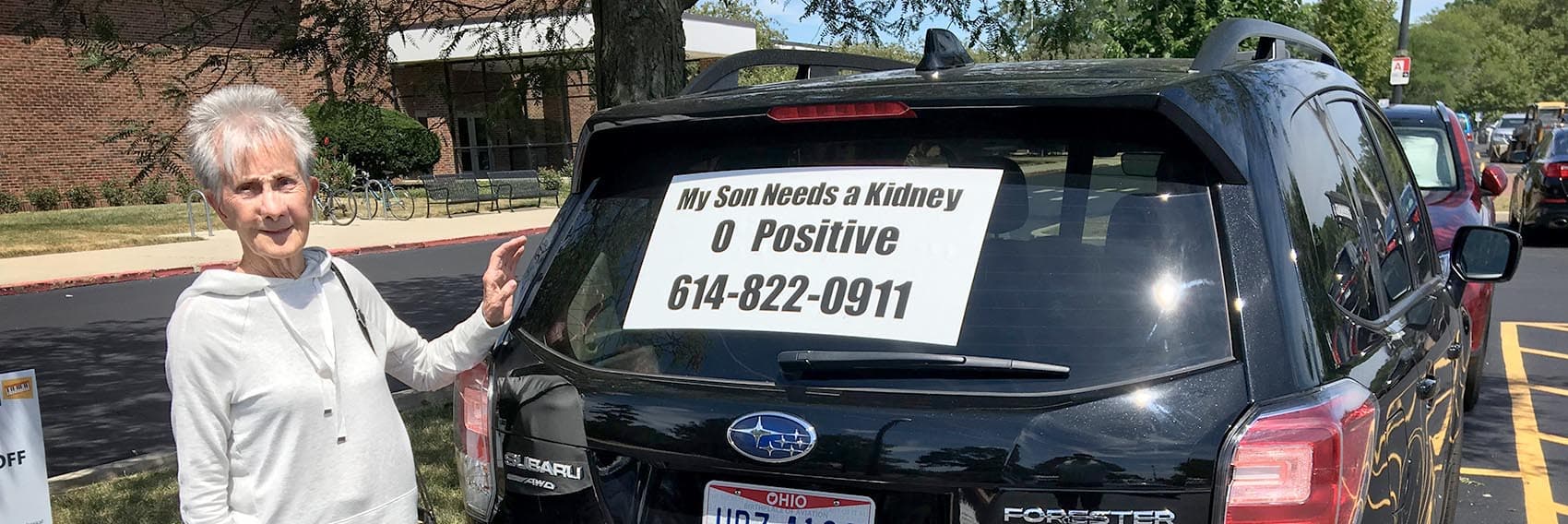 Norma Brickey, 82, has been driving the streets of Columbus, Ohio, with a sign in her car window: &quot;My son needs a kidney, O positive,&quot; followed by her phone number. (Courtesy Eric French)