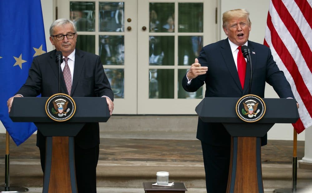 President Donald Trump and European Commission president Jean-Claude Juncker speak in the Rose Garden of the White House, Wednesday, July 25, 2018, in Washington. (Evan Vucci/AP)