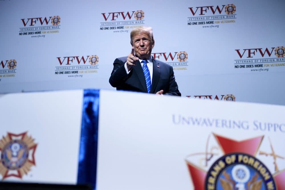 President Trump arrives to speak at the 119th Veterans of Foreign Wars National Convention on July 24, 2018, in Kansas City, Mo. (Brendan Smialowski/AFP/Getty Images)