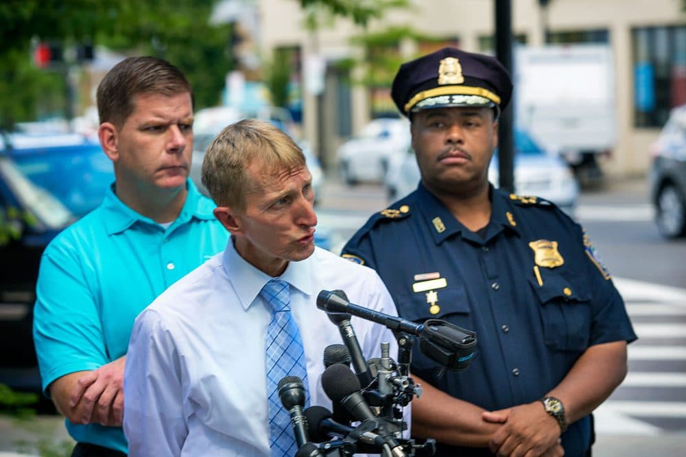 This 2015 file photo shows, from left, Boston Mayor Marty Walsh, Police Commissioner William Evans and Superintendent-in-Chief William Gross. Evans is retiring, and Walsh has picked Gross to take his place. (Jesse Costa/WBUR)