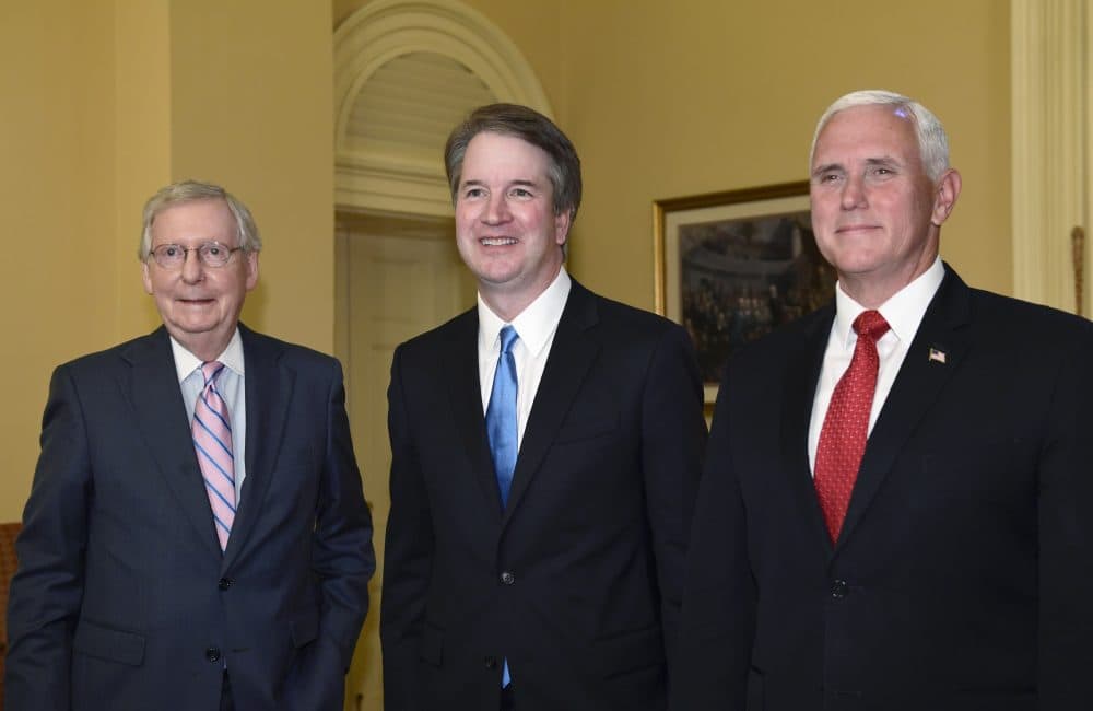Senate Majority Leader Mitch McConnell of Ky., left, poses for a photo with Supreme Court nominee Brett Kavanaugh, center, and Vice President Mike Pence, right, as they visit Capitol Hill in Washington, Tuesday, July 10, 2018. (Susan Walsh/AP)
