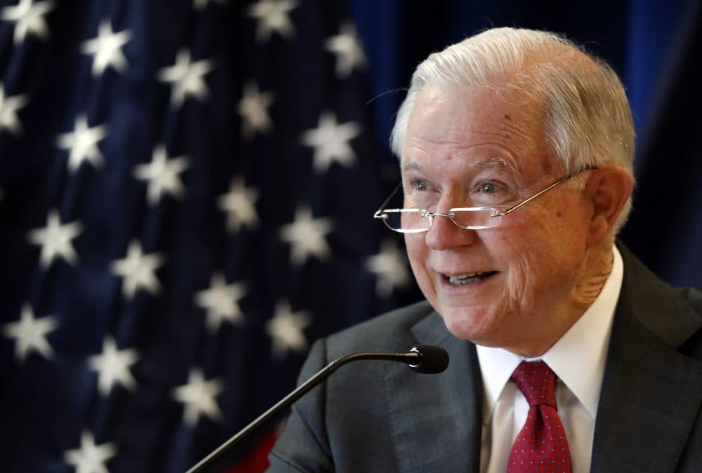 Attorney General Jeff Sessions -- pictured here on July 13, 2018 -- laughed off and repeated a &quot;Lock Her Up&quot; chant at a speech at a high school leadership summit on Tuesday, July 24 in Washington, D.C. (Robert F. Bukaty/AP)

