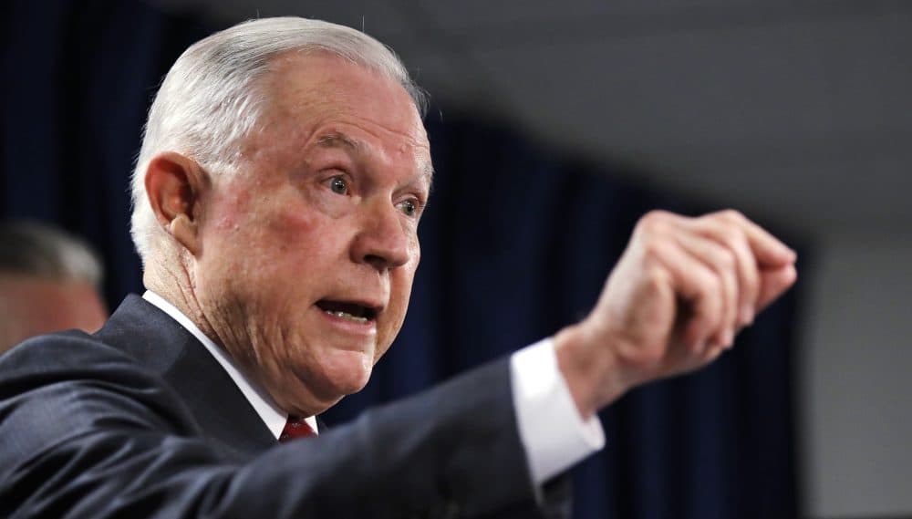 U.S. Attorney General Jeff Sessions gestures during a news conference at the Moakley Federal Building in Boston on Thursday. (Charles Krupa/AP)