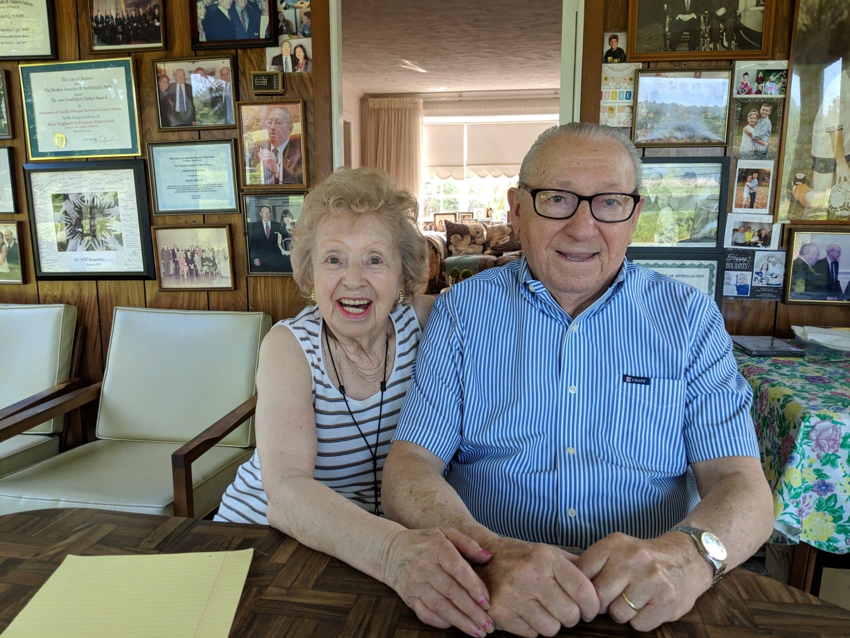 Anna and Israel Arbeiter at their home in Newton, July 2018 (Jamie Bologna/WBUR)