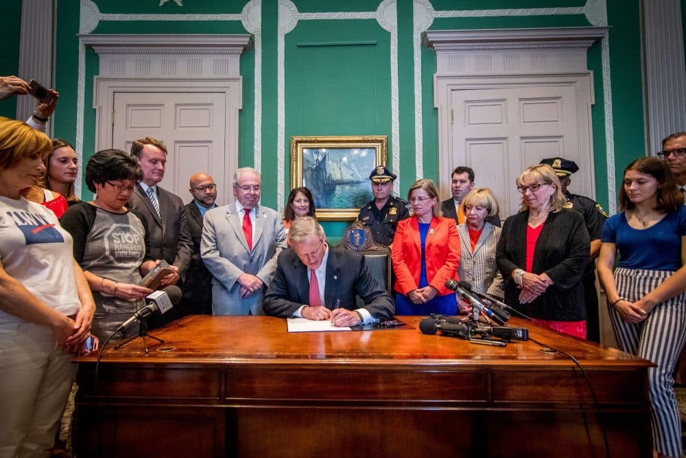 Gov. Charlie Baker signs the &quot;red flag&quot; bill Tuesday. (Courtesy of the governor's office)