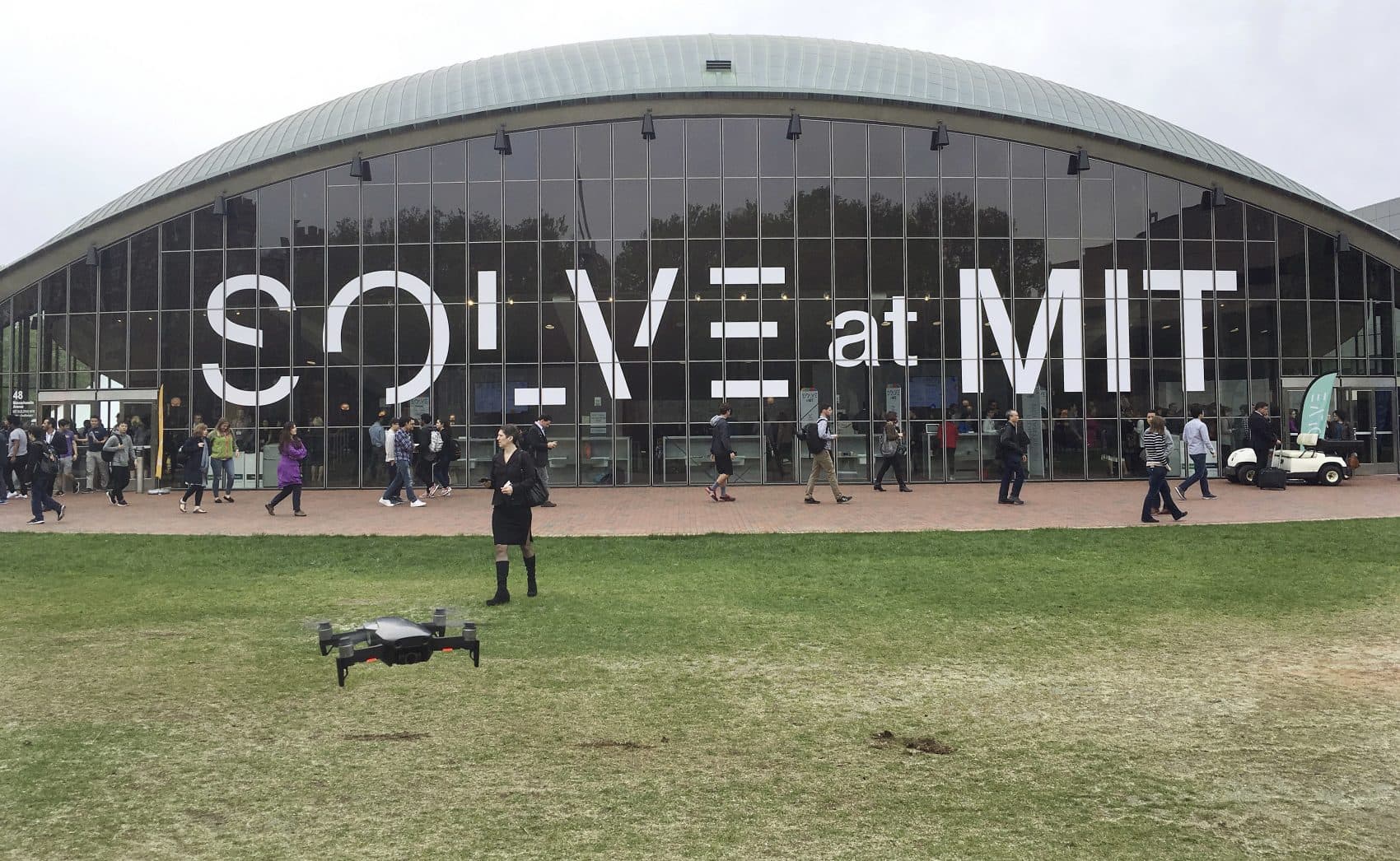 A drone flies outside the Massachusetts Institute of Technology's Kresge Auditorium during the annual Solve conference in May in Cambridge, Mass.(Matt O'Brien/AP)