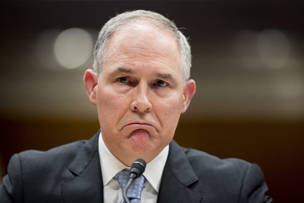 Environmental Protection Agency Administrator Scott Pruitt reacts while testifying before a Senate Appropriations subcommittee on the Interior, Environment, and Related Agencies on budget on Capitol Hill in Washington, Wednesday, May 16, 2018. Pruitt goes before a Senate panel Wednesday as he faces a growing number of federal ethics investigations over his lavish spending on travel and security. (AP Photo/Andrew Harnik)