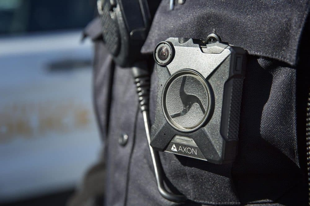 A police body camera worn by a police officer in Methuen. (Robin Lubbock/WBUR)