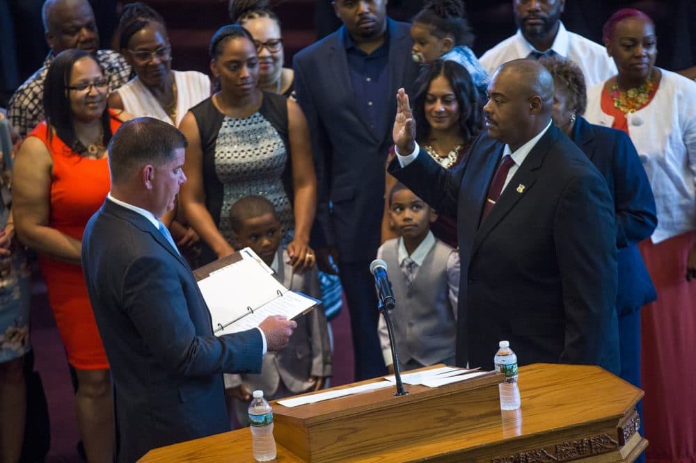 William Gross is sworn in as the new Boston police commissioner on August 6, 2018. (Jesse Costa/WBUR)