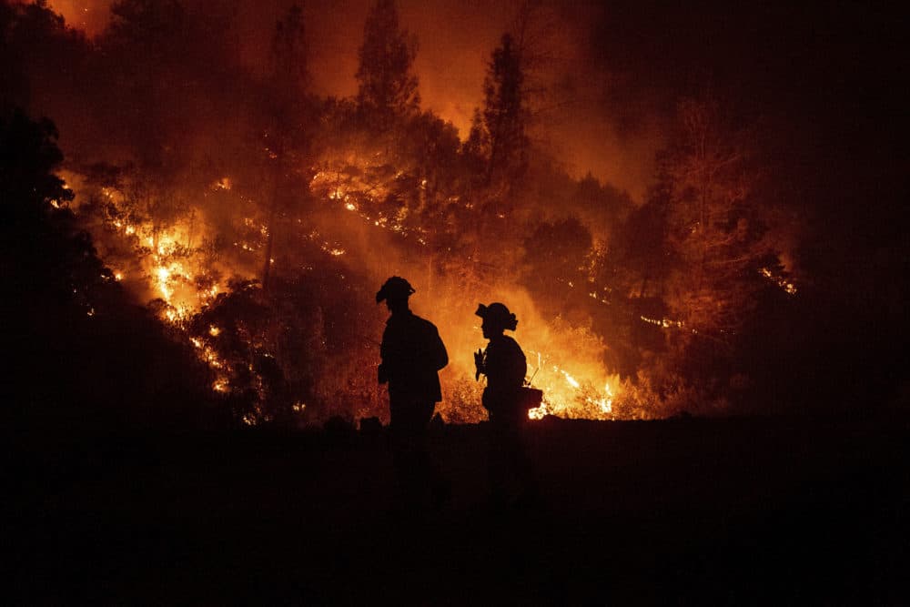 Firefighters monitor a backfire while battling the Ranch Fire, part of the Mendocino Complex Fire, on Tuesday, Aug. 7, 2018, near Ladoga, Calif. (Noah Berger/AP)
