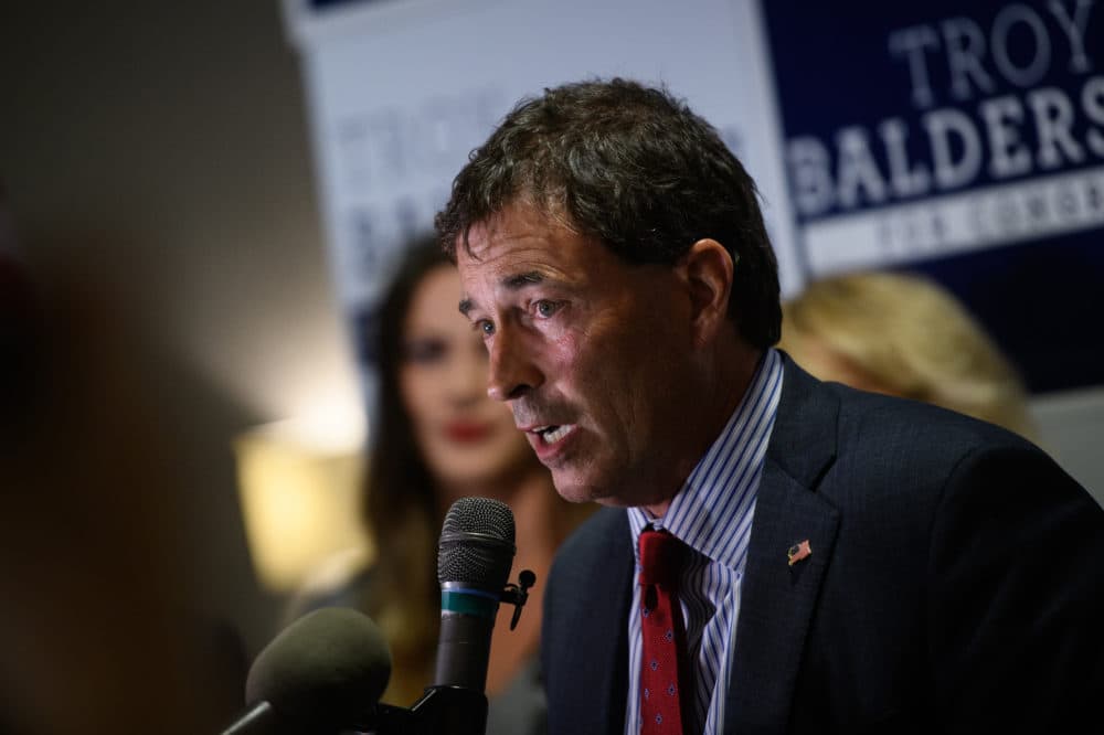 Republican congressional candidate Troy Balderson gives his victory speech at his election night party at the DoubleTree by Hilton Hotel on Aug. 7, 2018 in Newark, Ohio. With less than 1 percent of the votes separating the candidates, the race between Balderson and Democratic challenger O'Connor was left too close to call, with Balderson holding onto the slight lead as the evening ended. (Justin Merriman/Getty Images)