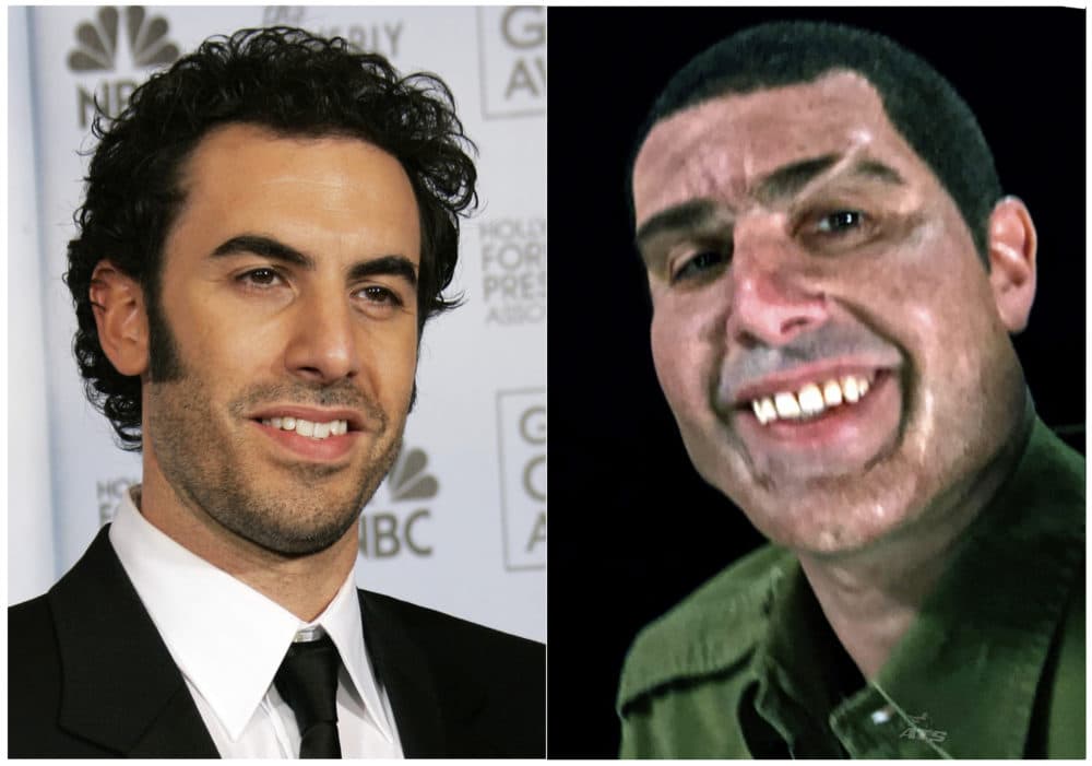 This combination photo shows Sacha Baron Cohen at the 64th Annual Golden Globe Awards in Beverly Hills, Calif., on Jan. 15, 2007, left, and Cohen portraying retired Israeli Colonel Erran Morad in a still from the Showtime series, &quot;Who Is America?&quot; (AP Photo/Kevork Djansezian, left, and Showtime)