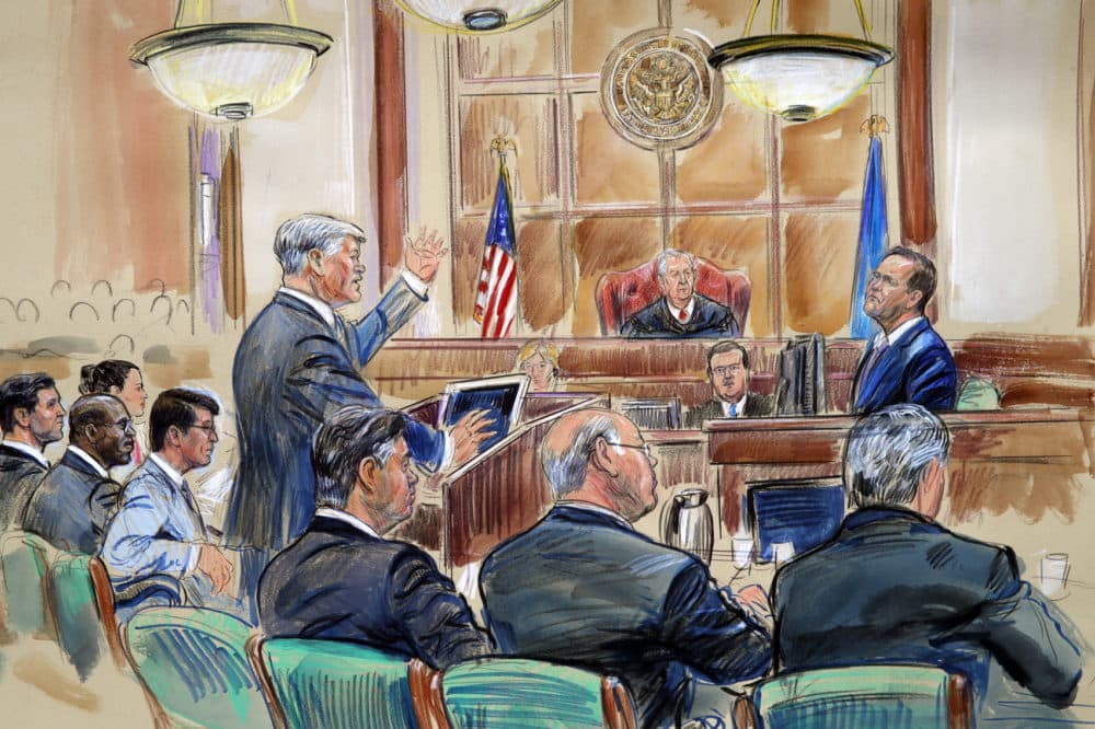 This courtroom sketch depicts defense lawyer Kevin Downing asking questions of Rick Gates, as former Donald Trump campaign chairman Paul Manafort, bottom front left, listens during Manafort's trial on bank fraud and tax evasion at federal court in Alexandria, Va., Tuesday, Aug. 7, 2018. U.S. District court Judge T.S. Ellis III presides. (Dana Verkouteren via AP)