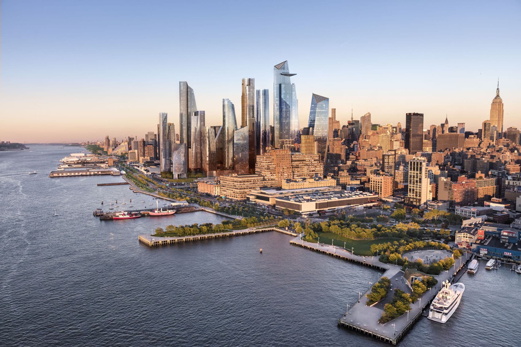 A rendering of Hudson Yards, viewed from the Hudson River. (Courtesy of Related-Oxford)