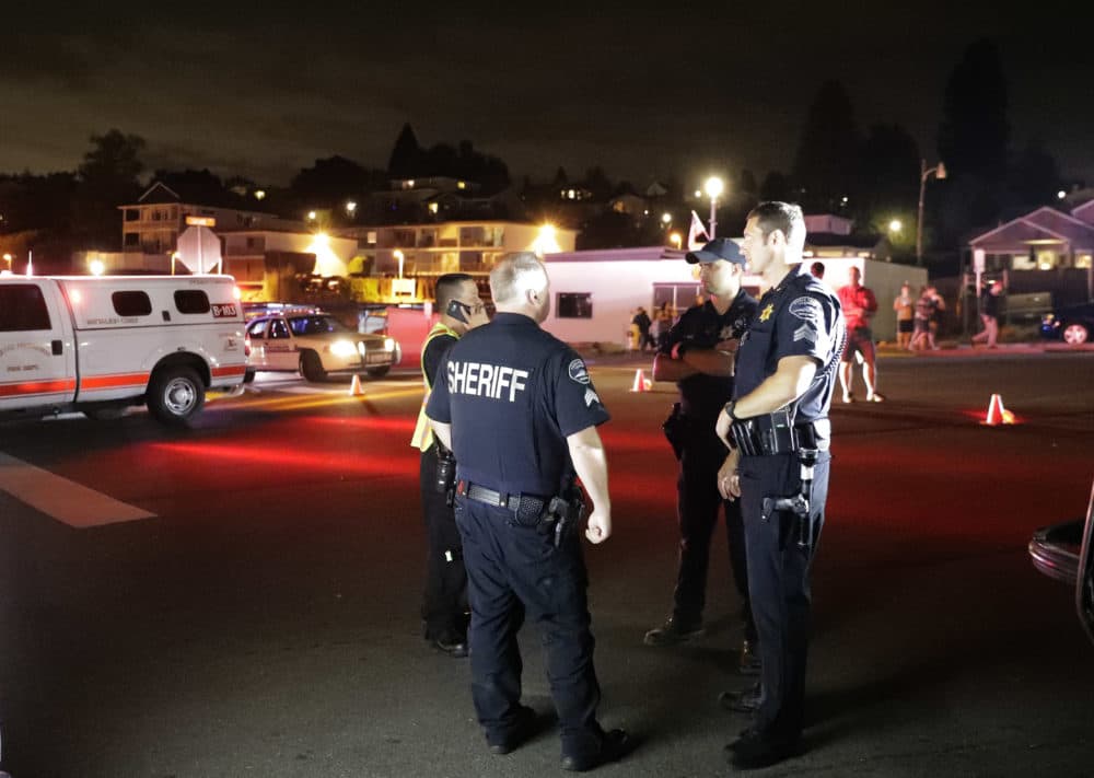 Law enforcement officials stand at a staging area, Friday, Aug. 10, 2018, at the ferry terminal in Steilacoom, Wash., near where a Coast Guard spokeswoman said the agency was responding to a report of a smoke plume and possible plane crash. Earlier in the evening, officials at Seattle-Tacoma International Airport said an Alaska Airlines plane had been stolen and later crashed. (Ted S. Warren/AP)