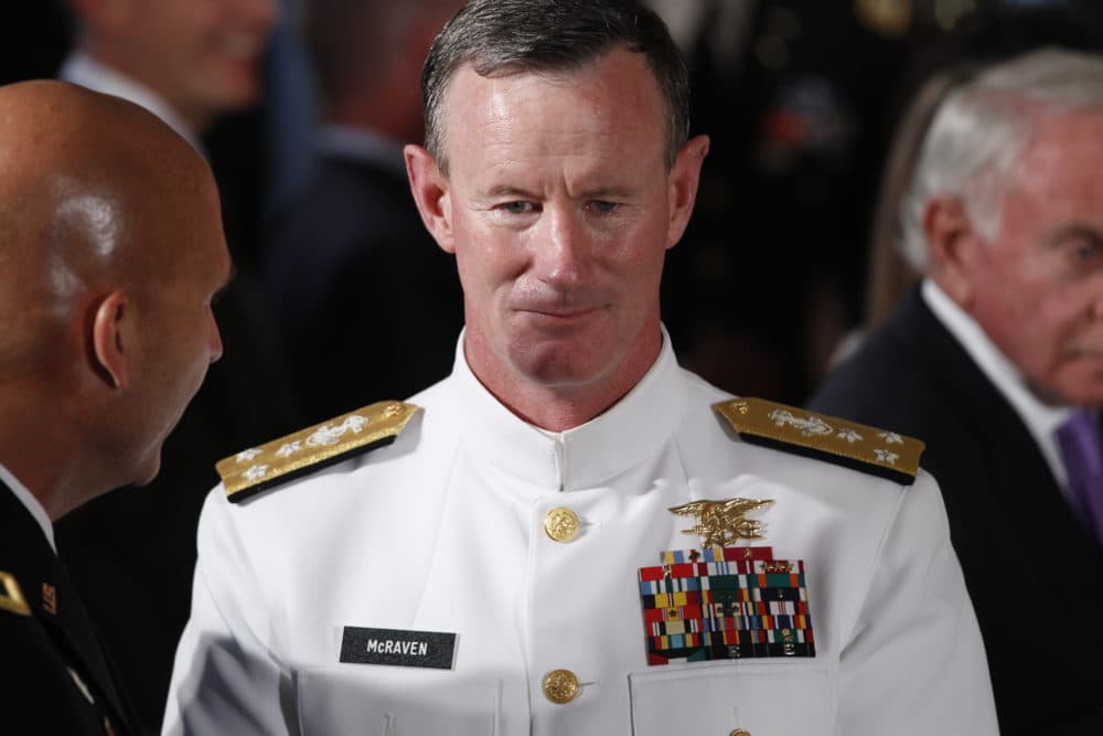 Navy Vice Adm. William McRaven, who as commander of Joint Special Operations Command had operational control of the SEAL Team Six mission to get Osama bin Laden, is pictured at a ceremony where President Barack Obama presented Army Sgt. First Class Leroy Arthur Petry of Santa Fe, N.M., the Medal of Honor for his valor in Afghanistan in the East Room of the White House in Washington, Tuesday, July 12, 2011. (Charles Dharapak/AP)