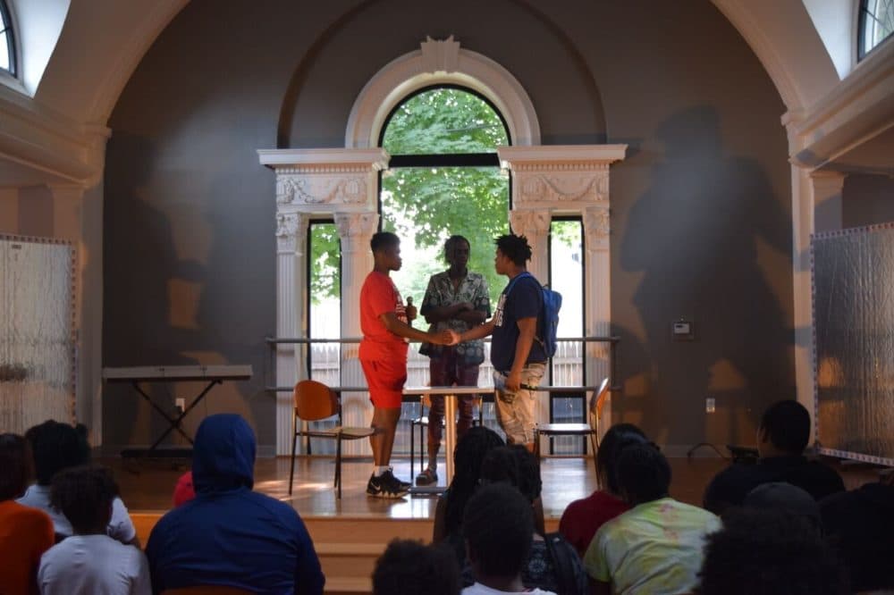 Jaye Kincade, Clark LaCossade and D'Ahmen Holloman in a performance of &quot;The Conversation&quot; at the Mattapan Teen Center. (Courtesy Boston Lyric Opera)