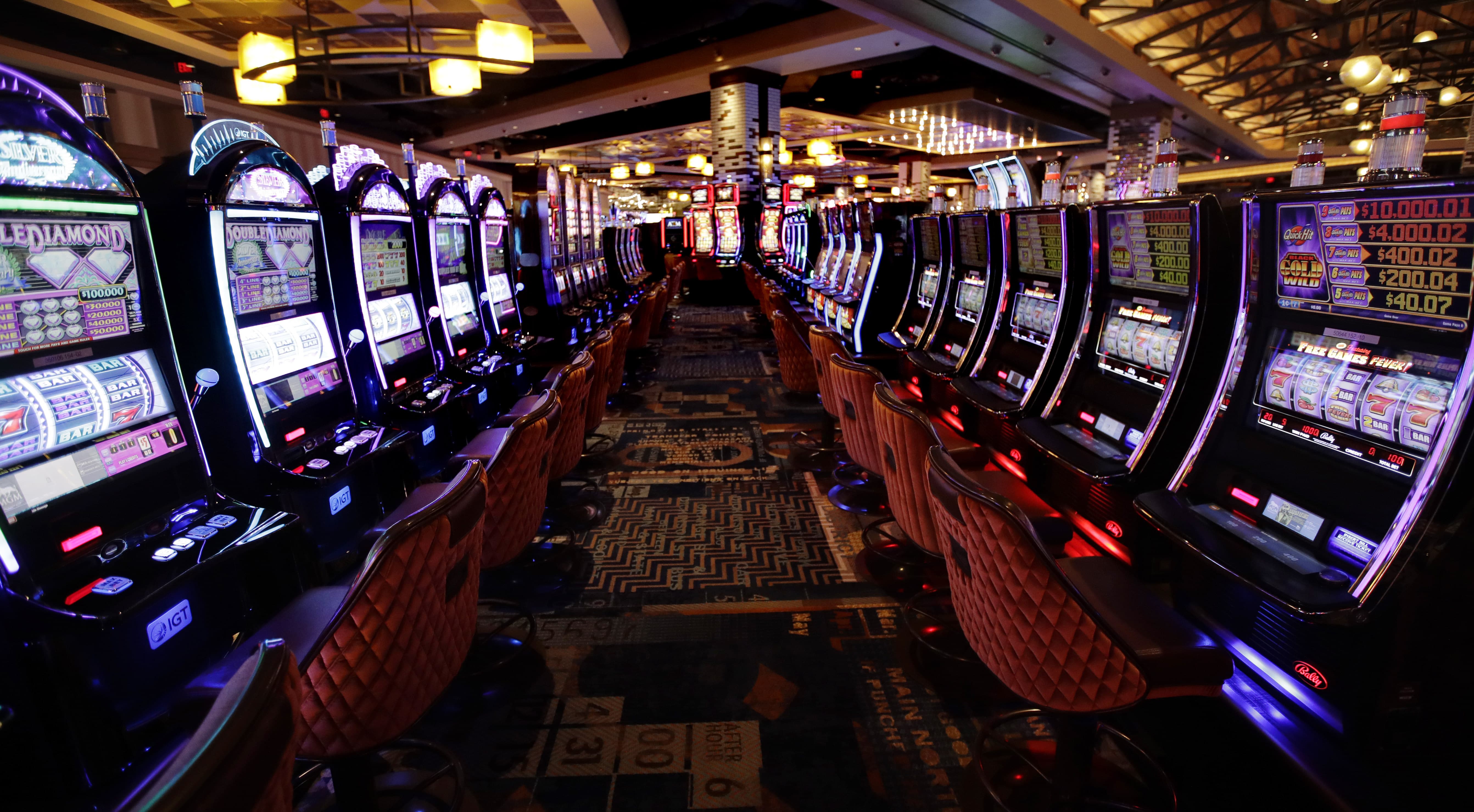 This photo shows slot machines on the main floor during a preview tour at the MGM Springfield casino in Springfield. The casino is scheduled to open to the public on Aug. 24. (Charles Krupa/AP)
