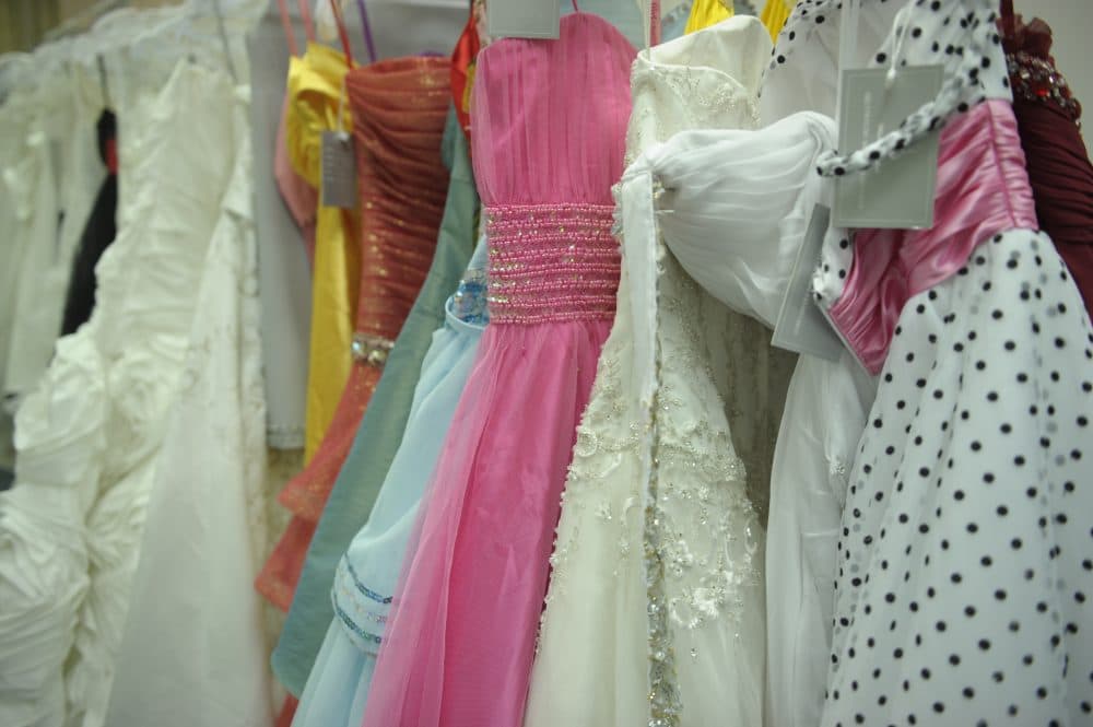 Wedding and party dresses in the workshop of Divine Bridal Co. in the southern Chinese city of Shenzhen. (Peter Parks/AFP/Getty Images)