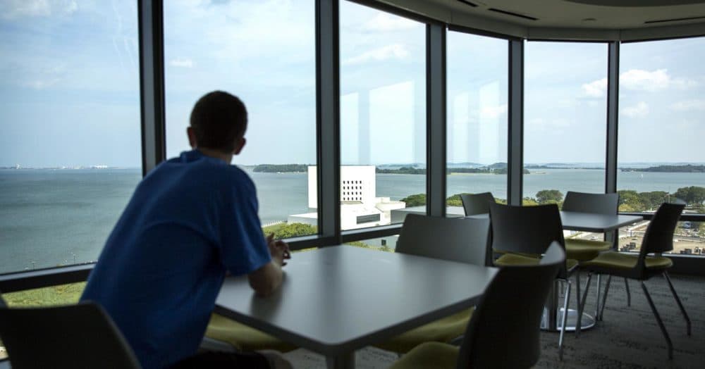 Eriq Gassé looks out over the Harbor Islands from a common room at UMass' new Residence Hall. (Robin Lubbock/WBUR)