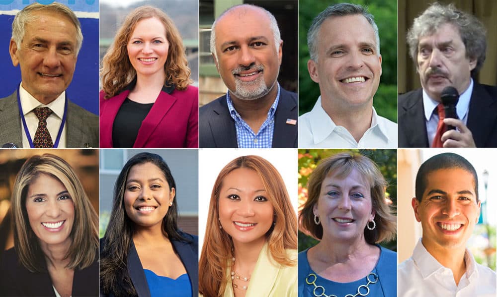The 10 Democratic candidates in the 3rd district, clockwise from top left: Jeff Ballinger, Alexandra Chandler, Beej Das, Rufus Gifford, Leonard Golder, Daniel Koh, Barbara L'Italien, Bopha Malone, Juana Matias and Lori Trahan (Courtesy of the campaigns)