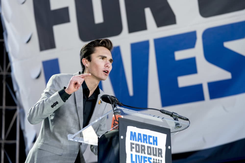 David Hogg, a survivor of the mass shooting at Marjory Stoneman Douglas High School in Parkland, Fla., speaks during the &quot;March for Our Lives&quot; rally in support of gun control in Washington, on March 24. (Andrew Harnik/AP)