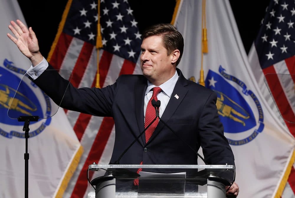 Geoff Diehl addresses the Massachusetts Republican Convention at the DCU Center in Worcester on April 28, 2018. (Winslow Townson/AP)