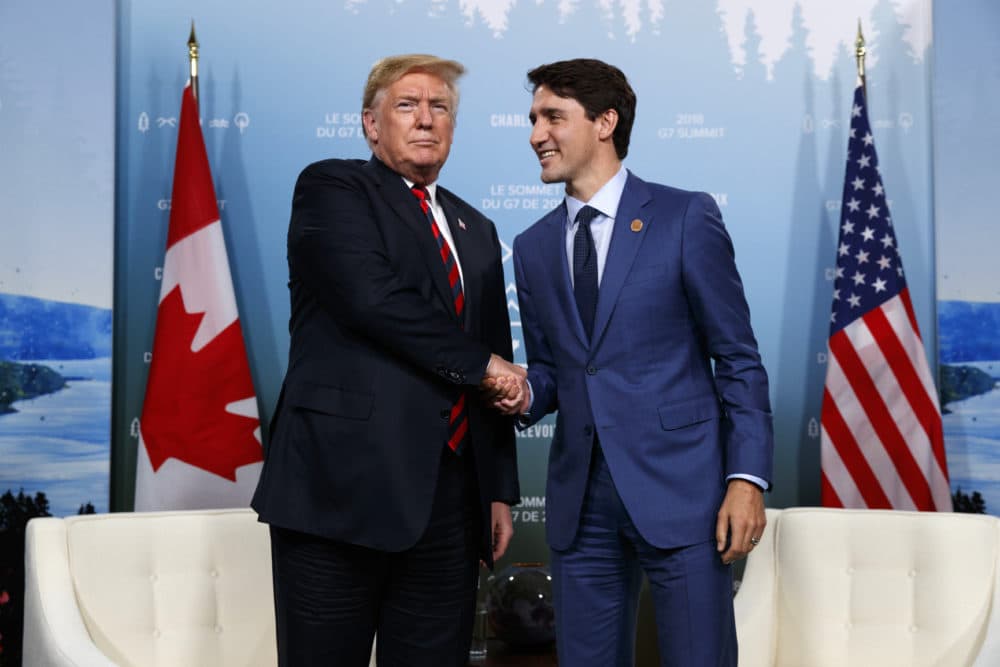 President Trump meets with Canadian Prime Minister Justin Trudeau during the G-7 summit on June 8 in Charlevoix, Canada. (Evan Vucci/AP)