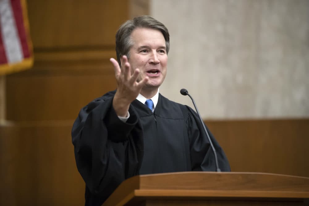 President Donald Trump's Supreme Court nominee, Judge Brett Kavanaugh, speaks as he officiates at the swearing-in of Judge Britt Grant to take a seat on the U.S. Court of Appeals for the Eleventh Circuit, Tuesday, Aug. 7, 2018, at the U.S. District Courthouse in Washington. (J. Scott Applewhite/AP)