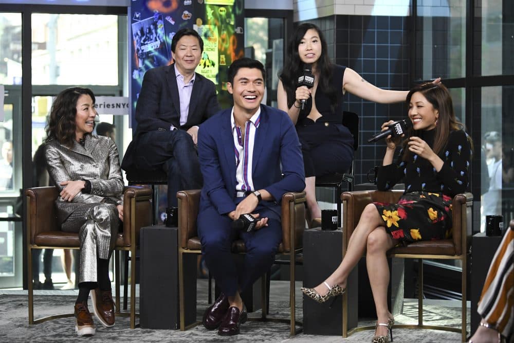 Actors Michelle Yeoh, left, Ken Jeong, Henry Golding, Awkwafina and Constance Wu participate in the BUILD Speaker Series to discuss the film &quot;Crazy Rich Asians&quot; at AOL Studios on Tuesday, Aug. 14, 2018, in New York. (Photo by Evan Agostini/Invision/AP)