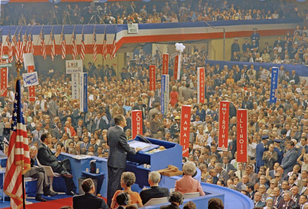 Hubert H. Humphrey speaks to the crowd during the Democratic National Convention in Chicago, Ill., Aug. 29, 1968. (AP Photo)