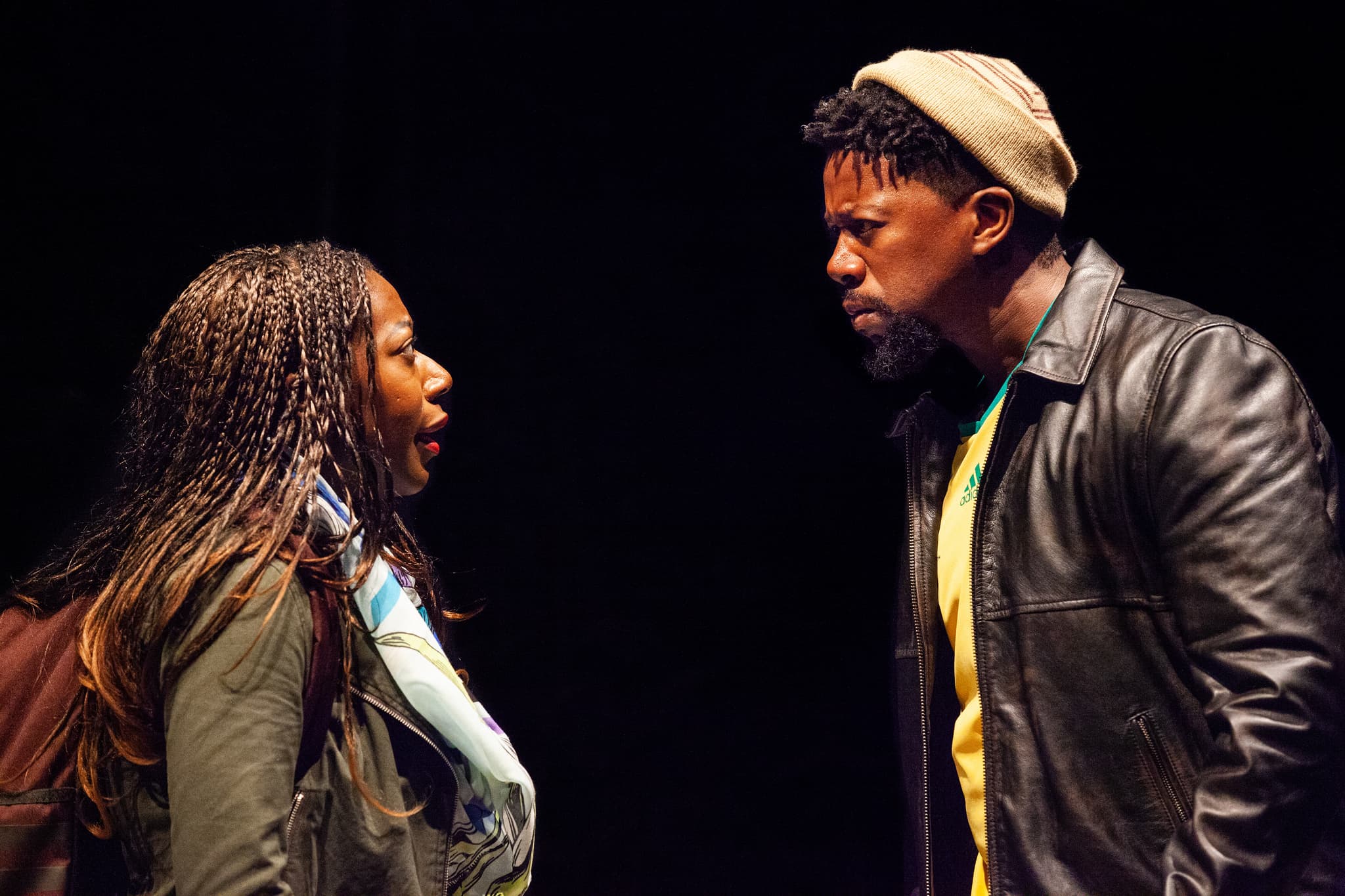 Sicelo (Atandwa Kani) warns his sister, Noxolo (Alfie Fuller), not to get involved in LGBTQ politics in &quot;Dangerous House,&quot; set in South Africa. (Courtesy Carolyn Brown / Williamstown Theatre Festival)