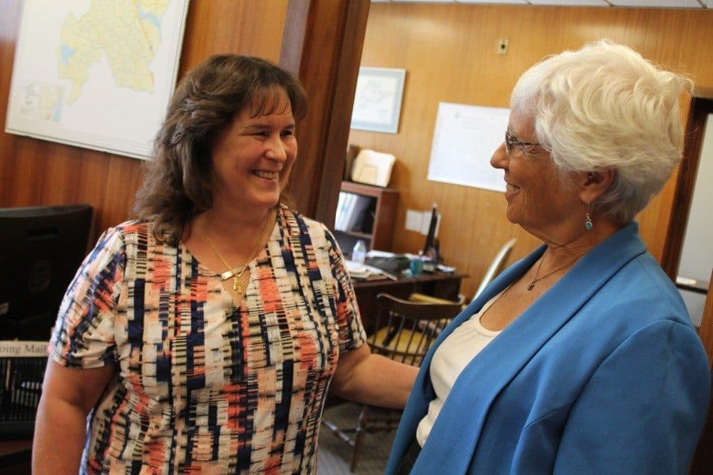 Bernadette Coughlin talked with Sen. Pat Jehlen, co-chairwoman of the Joint Marijuana Policy Committee, on Tuesday in Jehlen's State House office. (Sam Doran/SHNS)