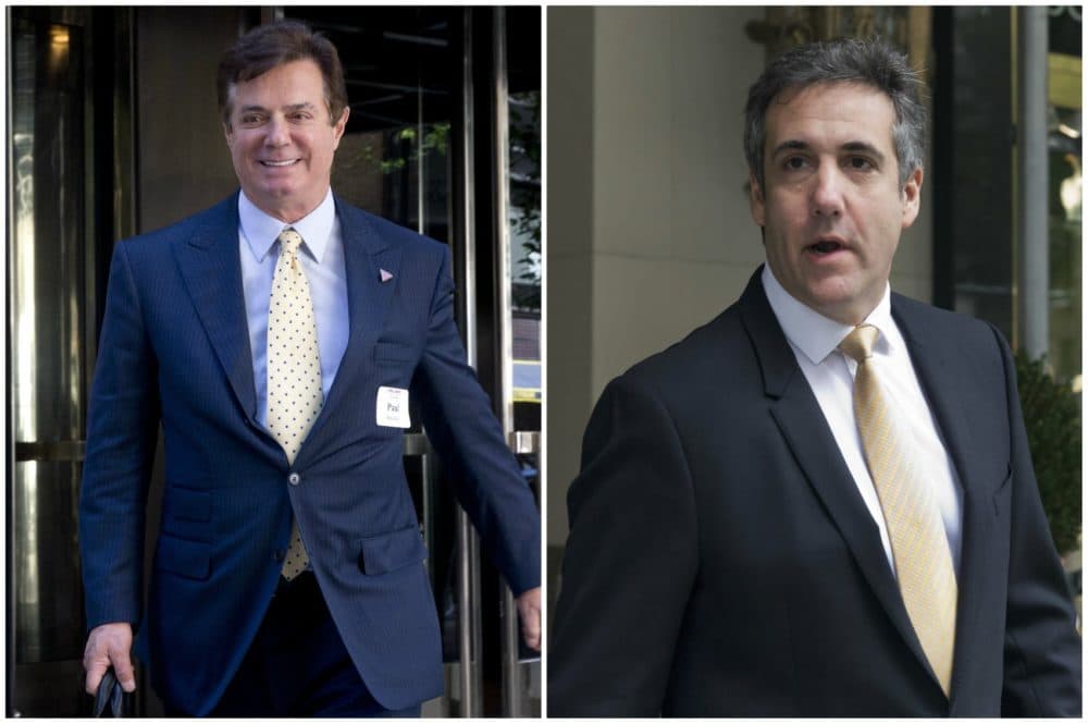 Left: In this June 9, 2016 file photo, Paul Manafort campaign chairman for Republican Presidential candidate Donald Trump is seen in New York. (Mary Altaffer, File) Right: Michael Cohen, former personal lawyer to President Donald Trump, leaves his apartment building, in New York,  Tuesday, Aug. 21, 2018.
(Richard Drew/AP)