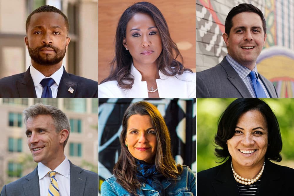 The candidates for Suffolk district attorney, clockwise from top left: Evandro Carvalho, Linda Champion, Greg Henning, Rachael Rollins, Shannon McAuliffe and Mike Maloney. Five candidates are Democrats, Maloney is an independent. (Courtesy of the campaigns)