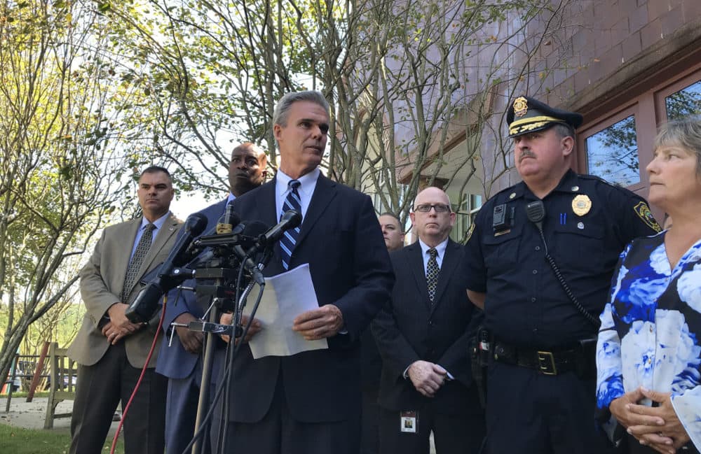 Worcester County District Attorney Joseph D. Early holds a press conference Wednesday to discuss the first-degree murder charges against Mathew Locke. (Shannon Dooling/WBUR)
