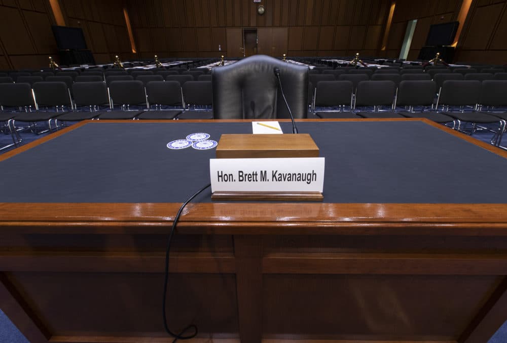 The witness table is prepared for President Trump's Supreme Court nominee, Brett Kavanaugh, in the Senate Judiciary Committee hearing room on Capitol Hill in Washington, Monday, Sept. 3, 2018. (J. Scott Applewhite/AP)