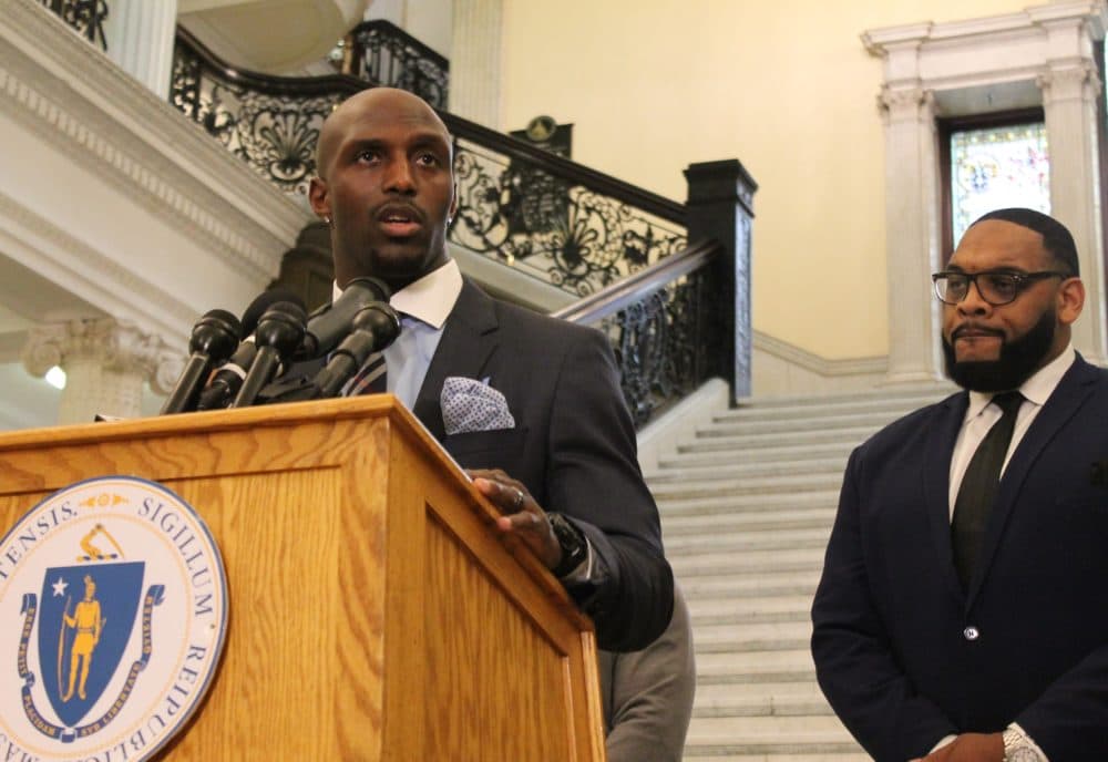 Devin McCourty speaks about criminal justice reform on Beacon Hill in March. (Sam Doran/State House News Service)
