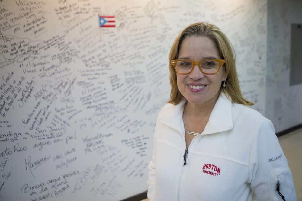 San Juan Mayor Carmen Yulín Cruz at the Roberto Clemente Coliseum, where she stayed for two months while it was being used as a shelter during the initial relief efforts after Hurricane Maria. She considers this building inspirational and makes this her preferred place to conduct city business, as opposed to City Hall. (Jesse Costa/WBUR)