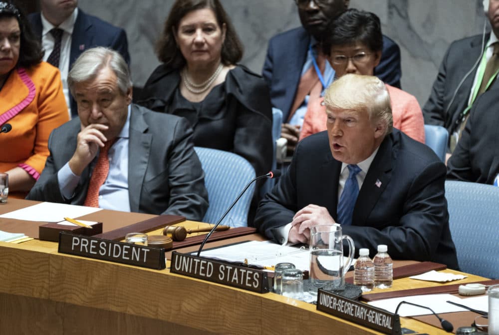 President Trump addresses the United Nations Security Council during the 73rd session of the United Nations General Assembly, at U.N. headquarters, Wednesday, Sept. 26, 2018. Left is United Nations Secretary-General Antonio Guterres. (Craig Ruttle/AP)