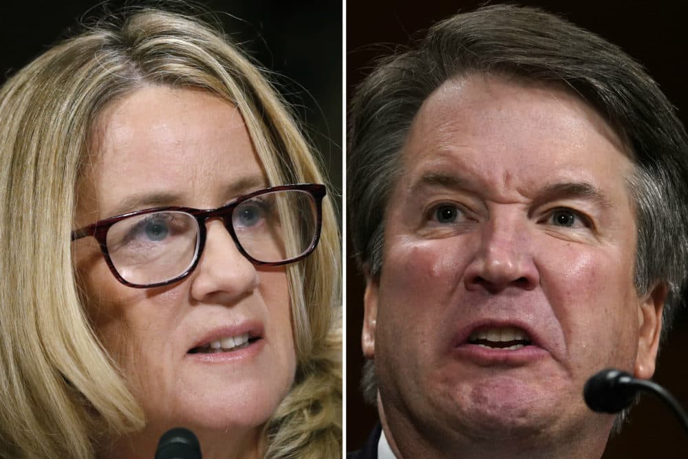 Christine Blasey Ford (left) and Supreme Court nominee Brett Kavanaugh speaking before the Senate Judiciary Committee on Thursday. (Getty Images)