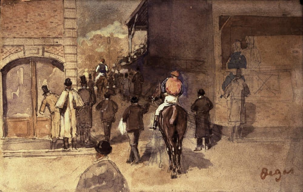Edgar Degas' &quot;La Sortie De Pesage,&quot; drawn in the 19th century. Watercolor and pencil on paper, 10.5 x 16 cm (4 1/8 x 6 5/16 in.) sheet. (Courtesy Isabella Stewart Gardner Museum)
