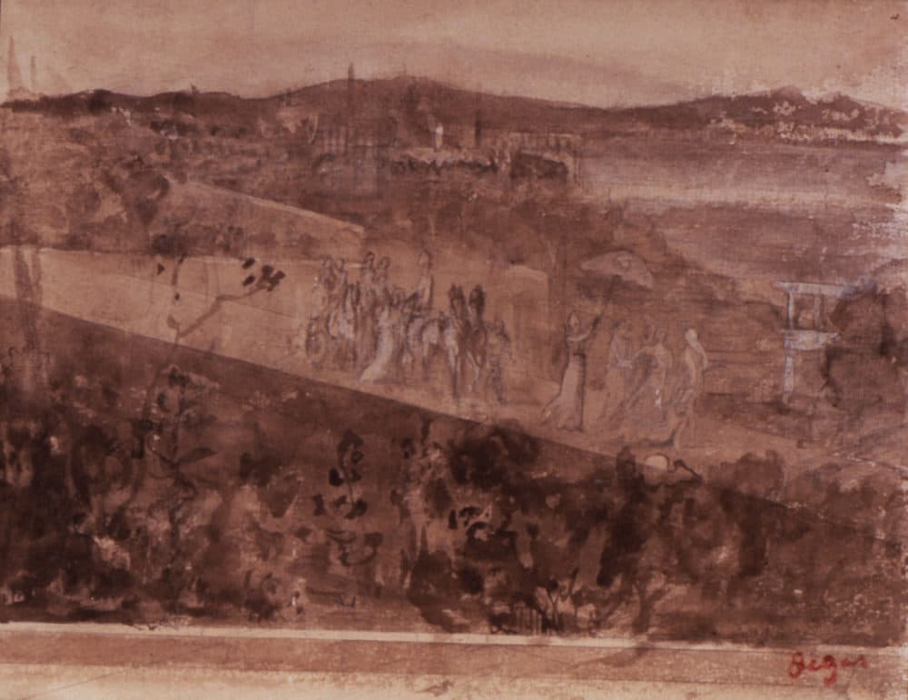 Edgar Degas' “Cortège Sur Une Route Aux Environs De Florence,&quot; drawn between 1857 and 1860. Pencil and sepia wash on paper, 15.6 x 20.6 cm (6 1/8 x 8 1/8 in.) sheet. (Courtesy Isabella Stewart Gardner Museum)