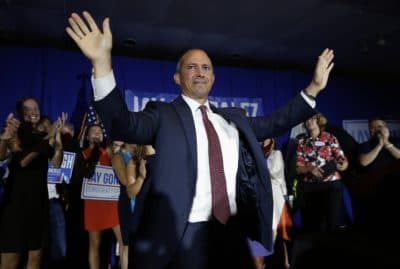 Jay Gonzalez celebrates victory over Bob Massie in the Massachusetts Democratic gubernatorial primary. (Michael Dwyer/AP)