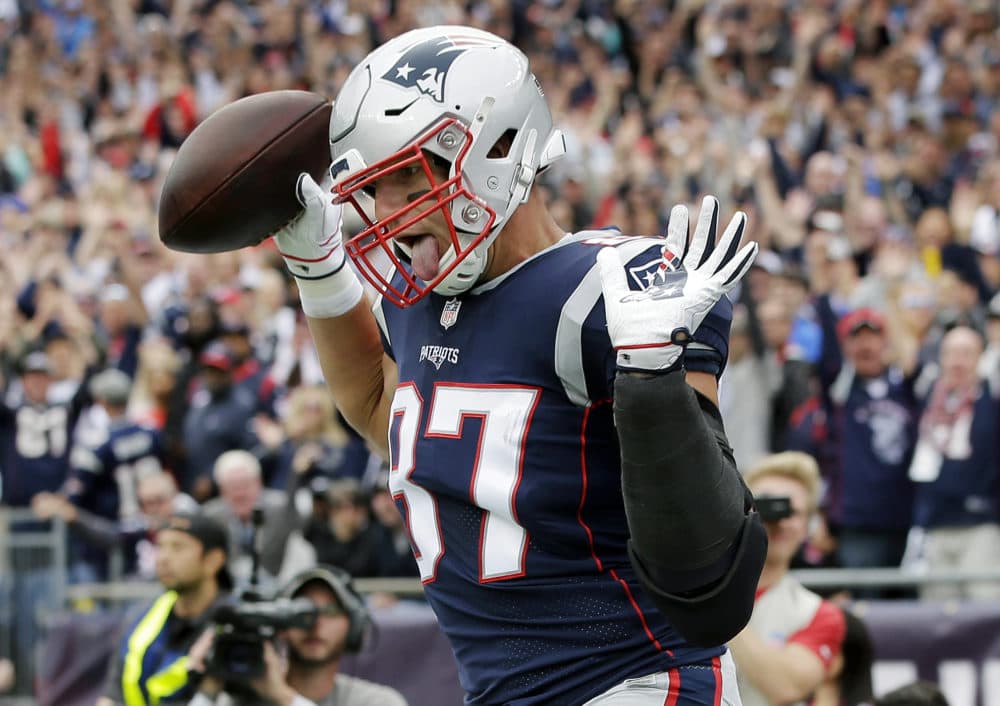New England Patriots tight end Rob Gronkowski (87) celebrates his touchdown against the Houston Texans during the first half of an NFL football game, Sunday, Sept. 9, 2018, in Foxborough, Mass. (Steven Senne/AP)