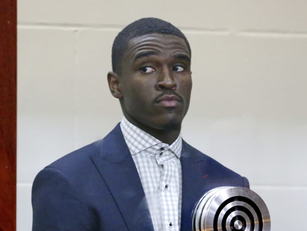 Boston Celtics guard Jabari Bird appears for his arraignment on domestic violence charges at Brighton Municipal Court on Thursday in Boston. (Angela Rowlings /The Boston Herald via AP, Pool)