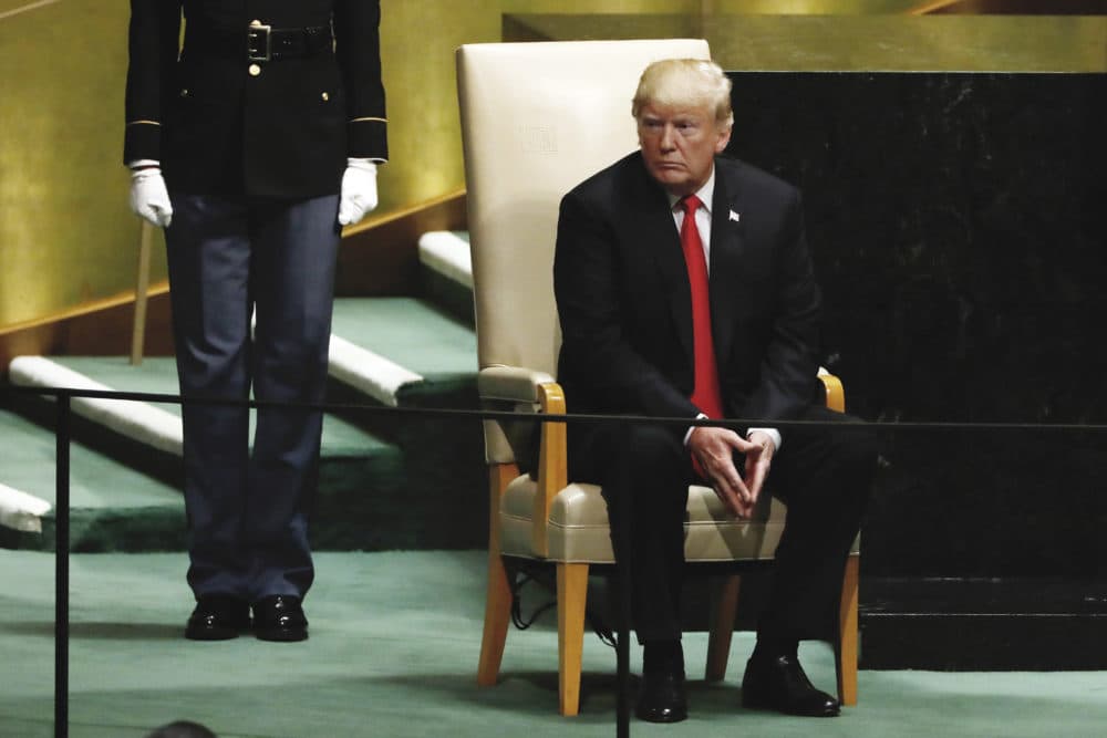 President Donald Trump sits following his address the 73rd session of the United Nations General Assembly, at U.N. headquarters, Tuesday, Sept. 25, 2018. (Richard Drew/AP)
