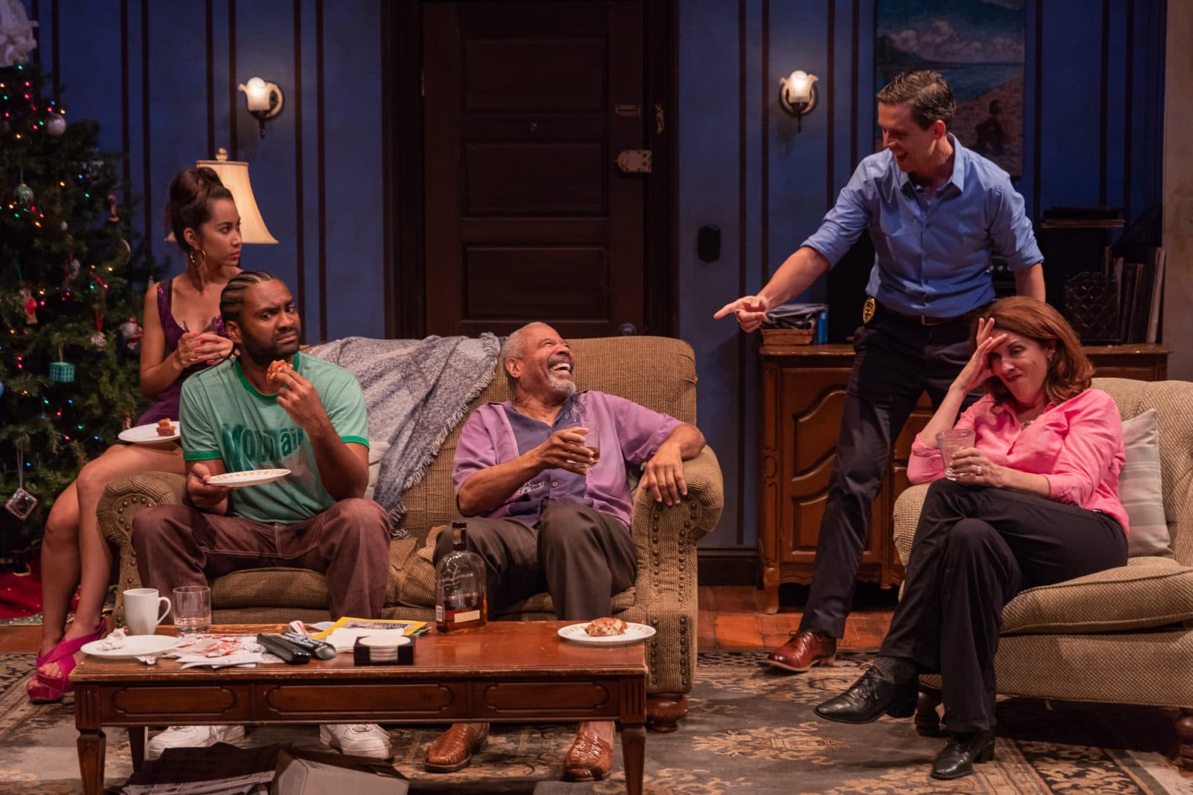 Not everyone is amused as &quot;Pops&quot; Tyrees Allen, center, holds court with Octavia Chavez-Richmond (Lulu), Stewart Evan Smith (Junior), Lewis D. Wheeler (Lt. Caro)and Maureen Keiller (Detective O'Connor). (Courtesy Nile Scott Studios)
